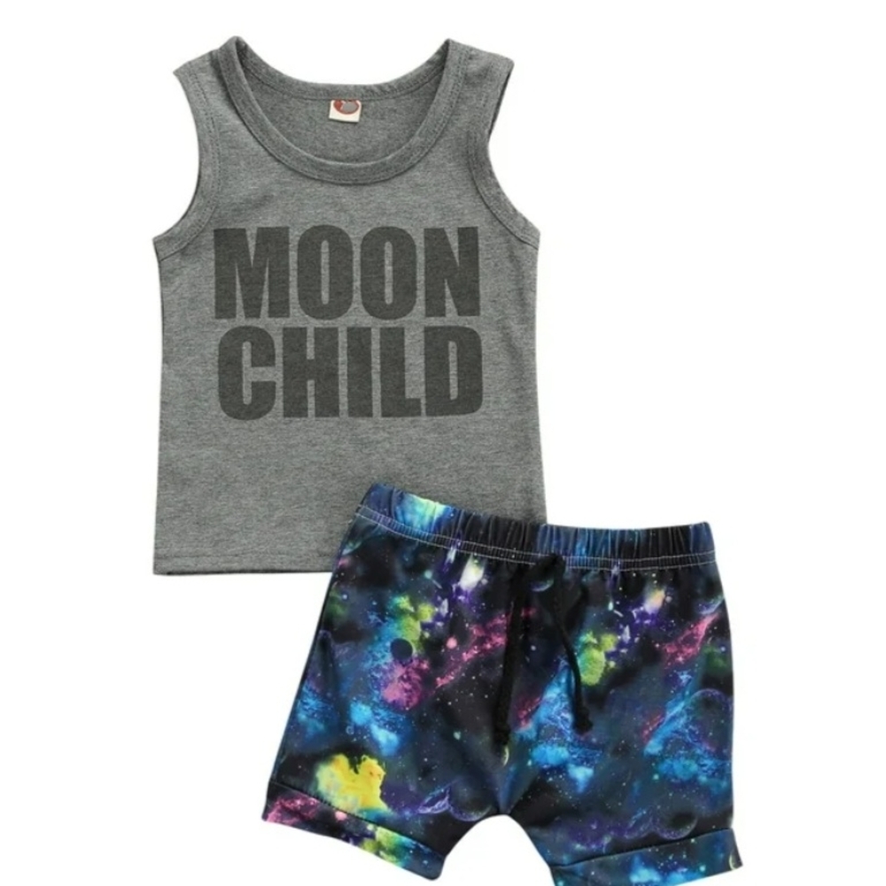 Toddler Boys "Moon Child" 2-Piece Celestial Outfit Space Theme Summer Clothes - Picture 2 of 5